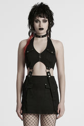 Black Halterneck Women's Punk Tank Top with Skirt Set